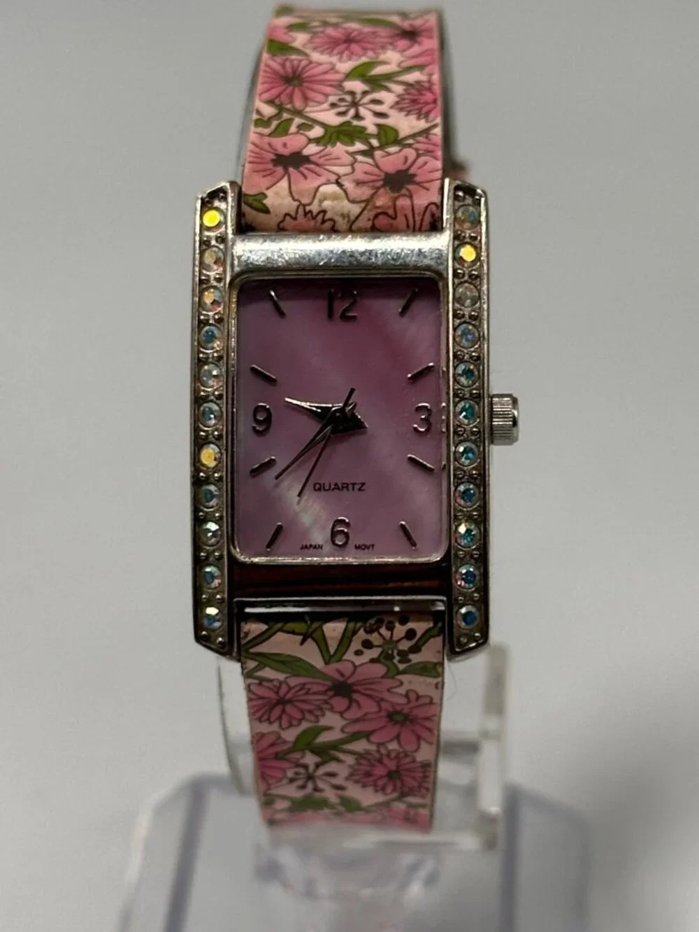 3/$30 Women Watch Silver Pink Mother of Pearl Dial Floral Leather Band Works